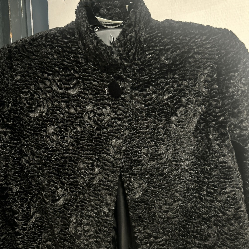 Black Faux Persian Lamb Fur Cropped Jacket Coat Acetate M VTG Draper's Damon's